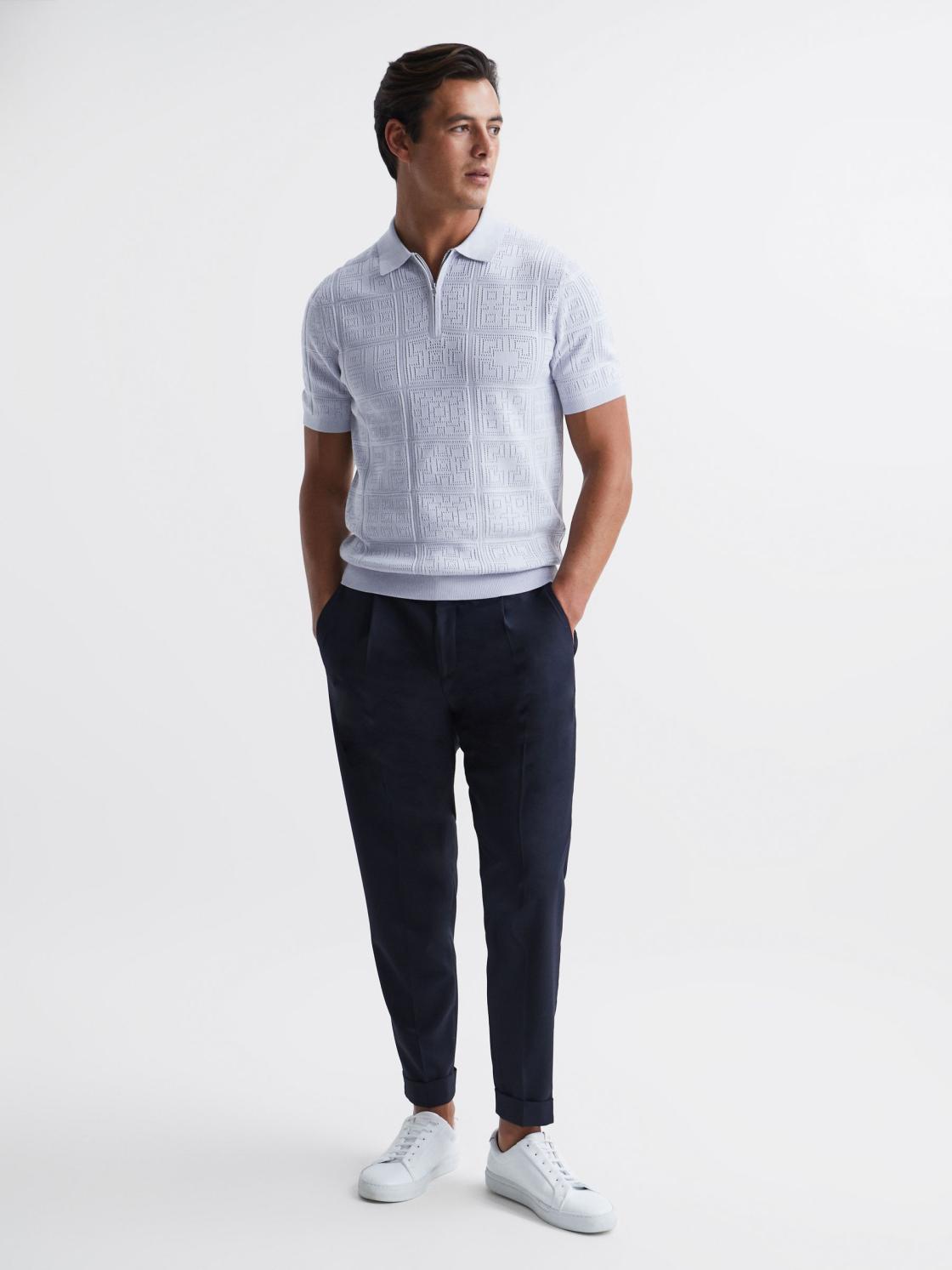 Reiss Knitwear | Mosaic Half Zip Textured Polo Shirt Soft Blue - Men