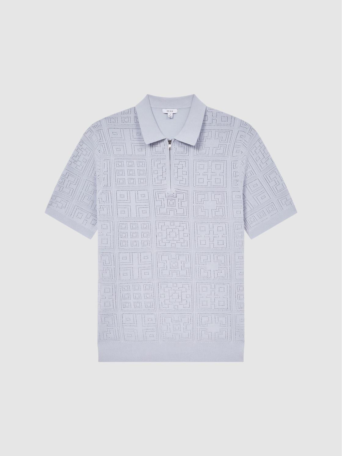 Reiss Knitwear | Mosaic Half Zip Textured Polo Shirt Soft Blue - Men