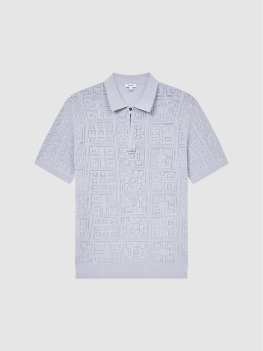 Reiss Knitwear | Mosaic Half Zip Textured Polo Shirt Soft Blue - Men