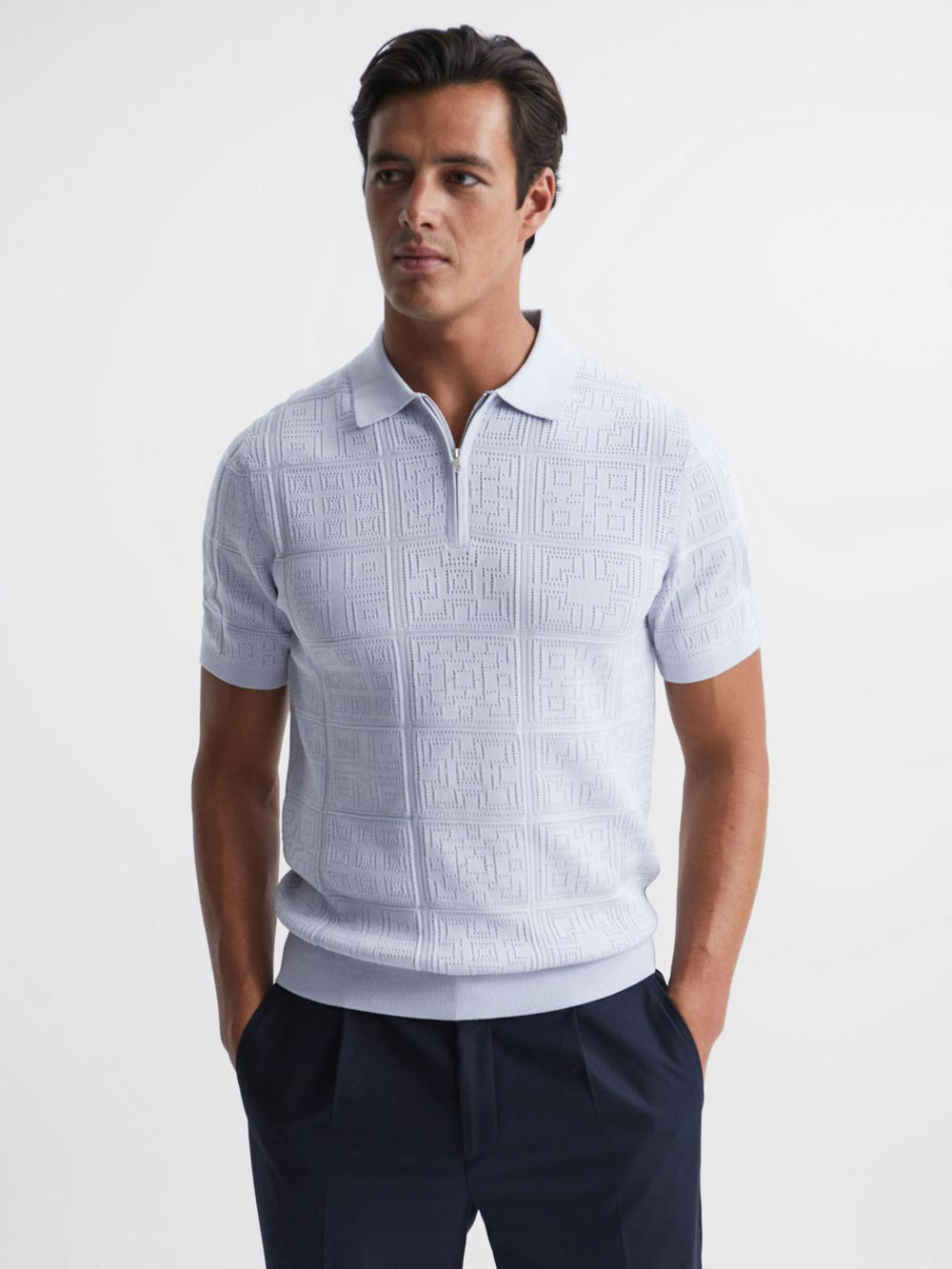 Reiss Knitwear | Mosaic Half Zip Textured Polo Shirt Soft Blue - Men
