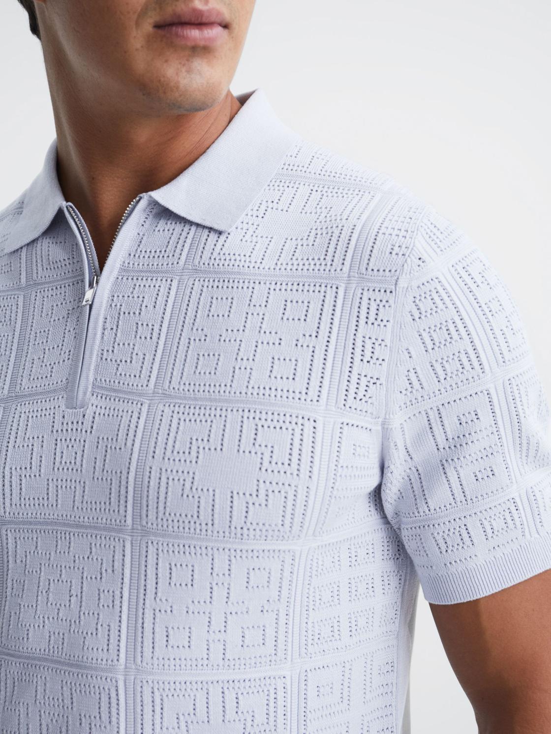 Reiss Knitwear | Mosaic Half Zip Textured Polo Shirt Soft Blue - Men