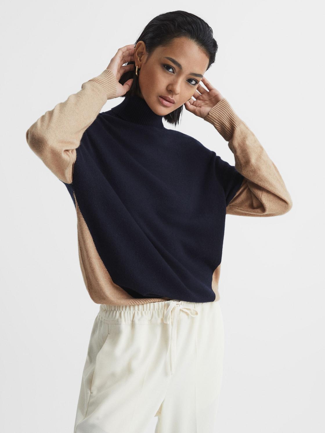 Reiss Knitwear | Nova Colourblock Roll-Neck Sweater Navy/camel - Women