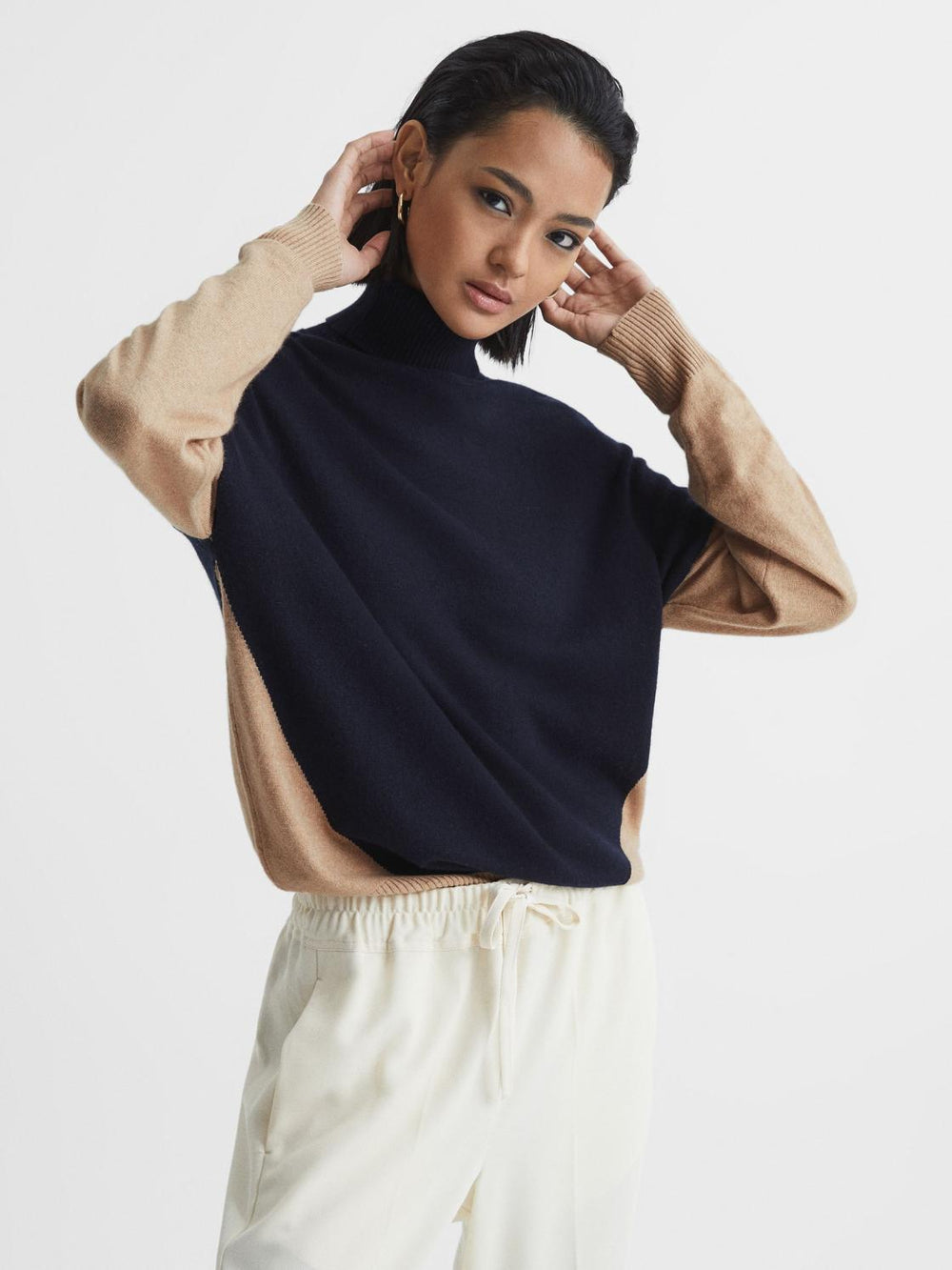 Reiss Knitwear | Nova Colourblock Roll-Neck Sweater Navy/camel - Women