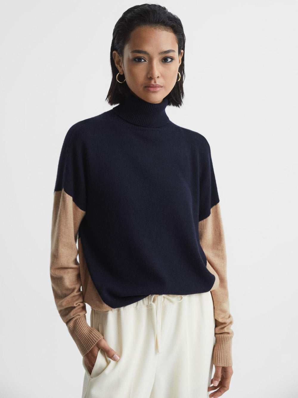Reiss Knitwear | Nova Colourblock Roll-Neck Sweater Navy/camel - Women