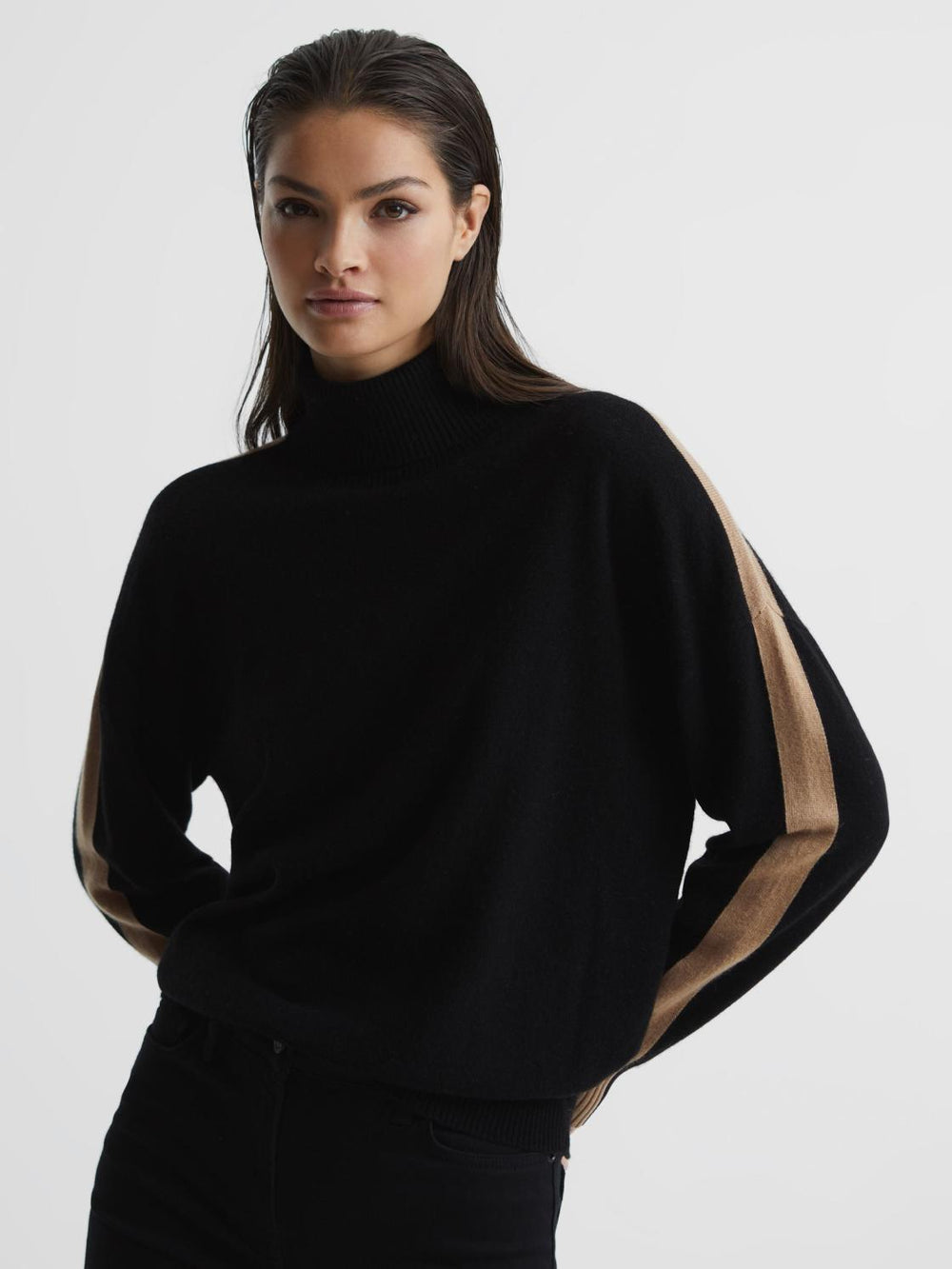 Reiss Knitwear | Nova Knitted Roll Neck Jumper Black/camel - Women