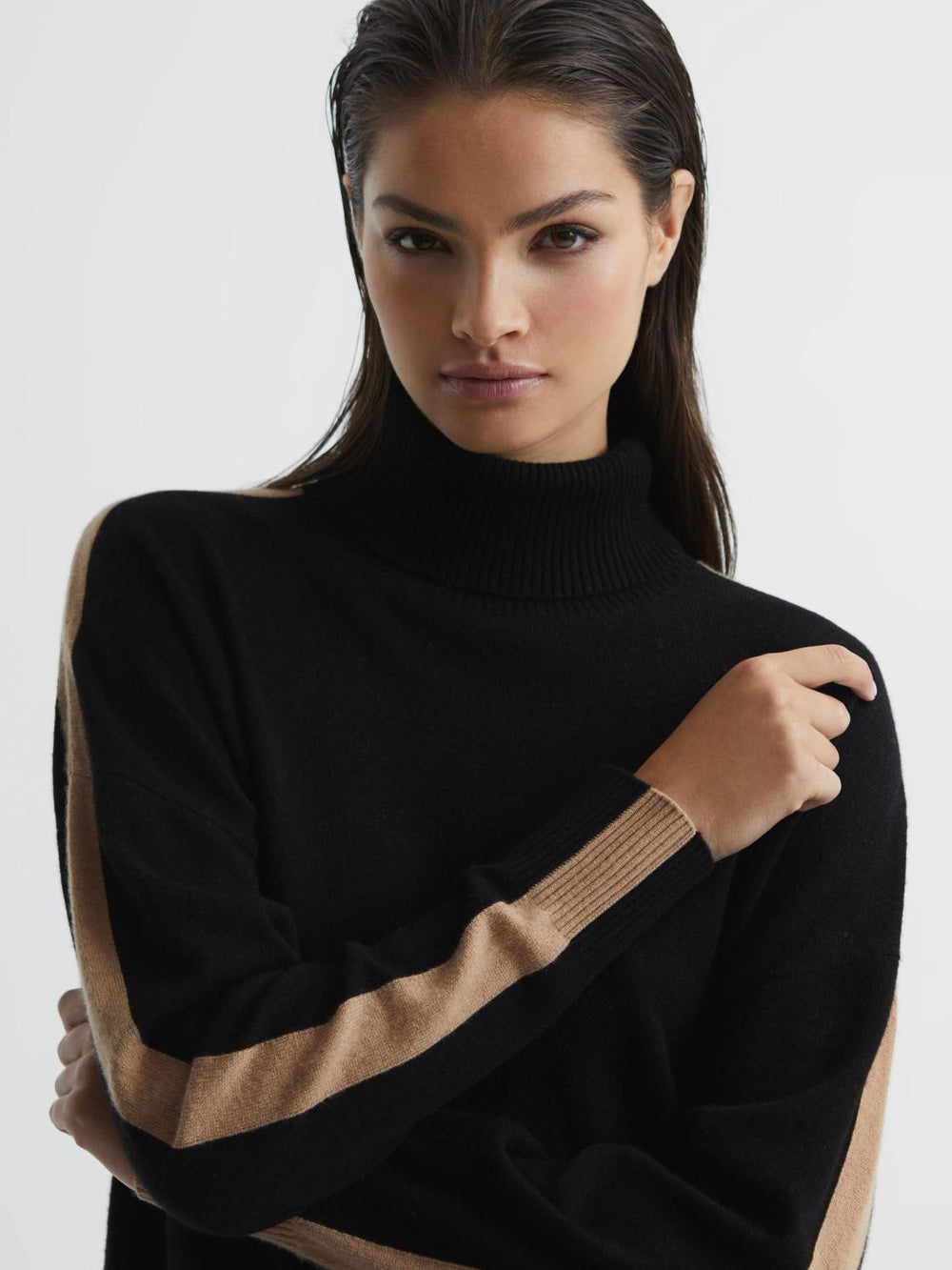 Reiss Knitwear | Nova Knitted Roll Neck Jumper Black/camel - Women
