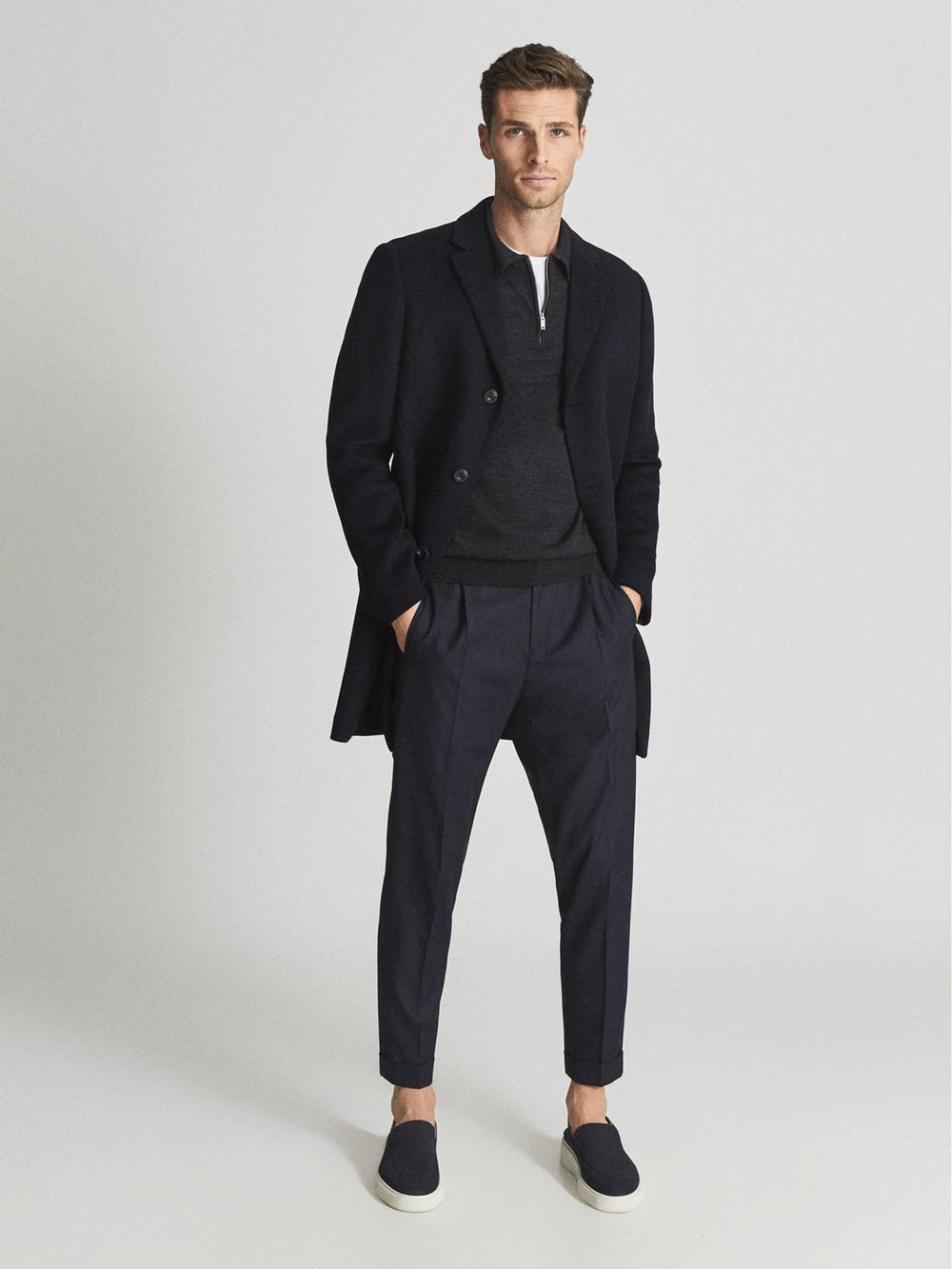 Reiss Knitwear | Robertson Merino Wool Zip Neck Polo Shirt Charcoal Melange - Men