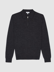 Reiss Knitwear | Robertson Merino Wool Zip Neck Polo Shirt Charcoal Melange - Men