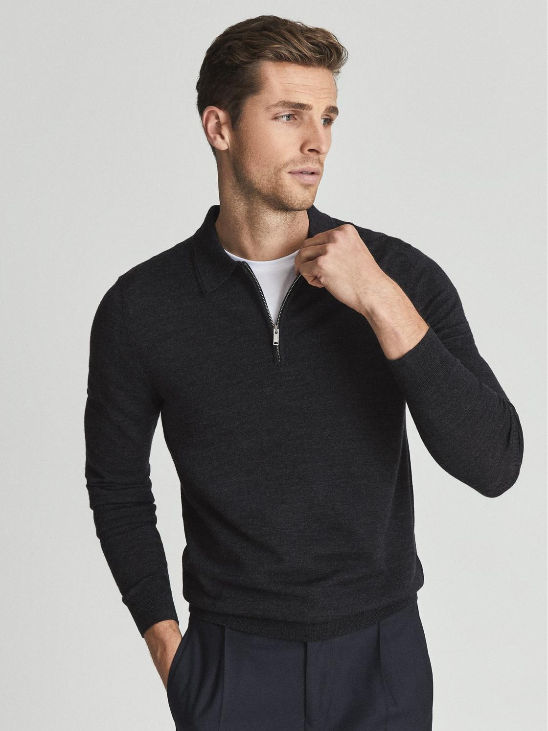 Reiss Knitwear | Robertson Merino Wool Zip Neck Polo Shirt Charcoal Melange - Men