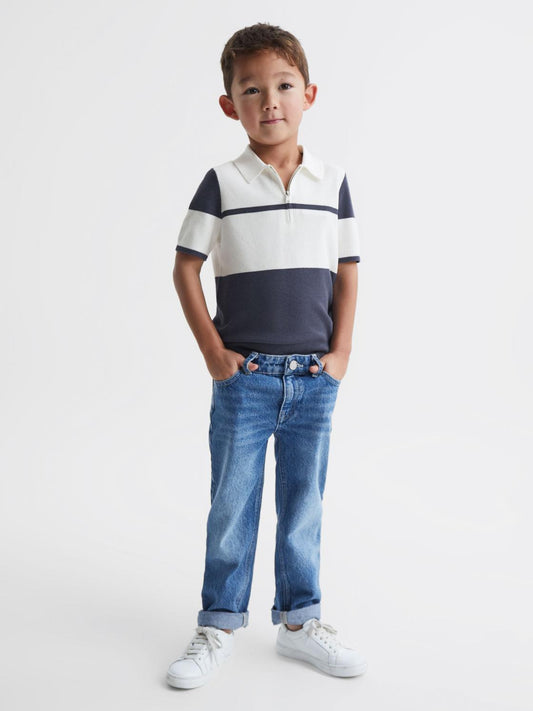 Reiss Knitwear | Rome Slim Fit Half Zip Colourblock Polo Shirt Airforce Blue - Children