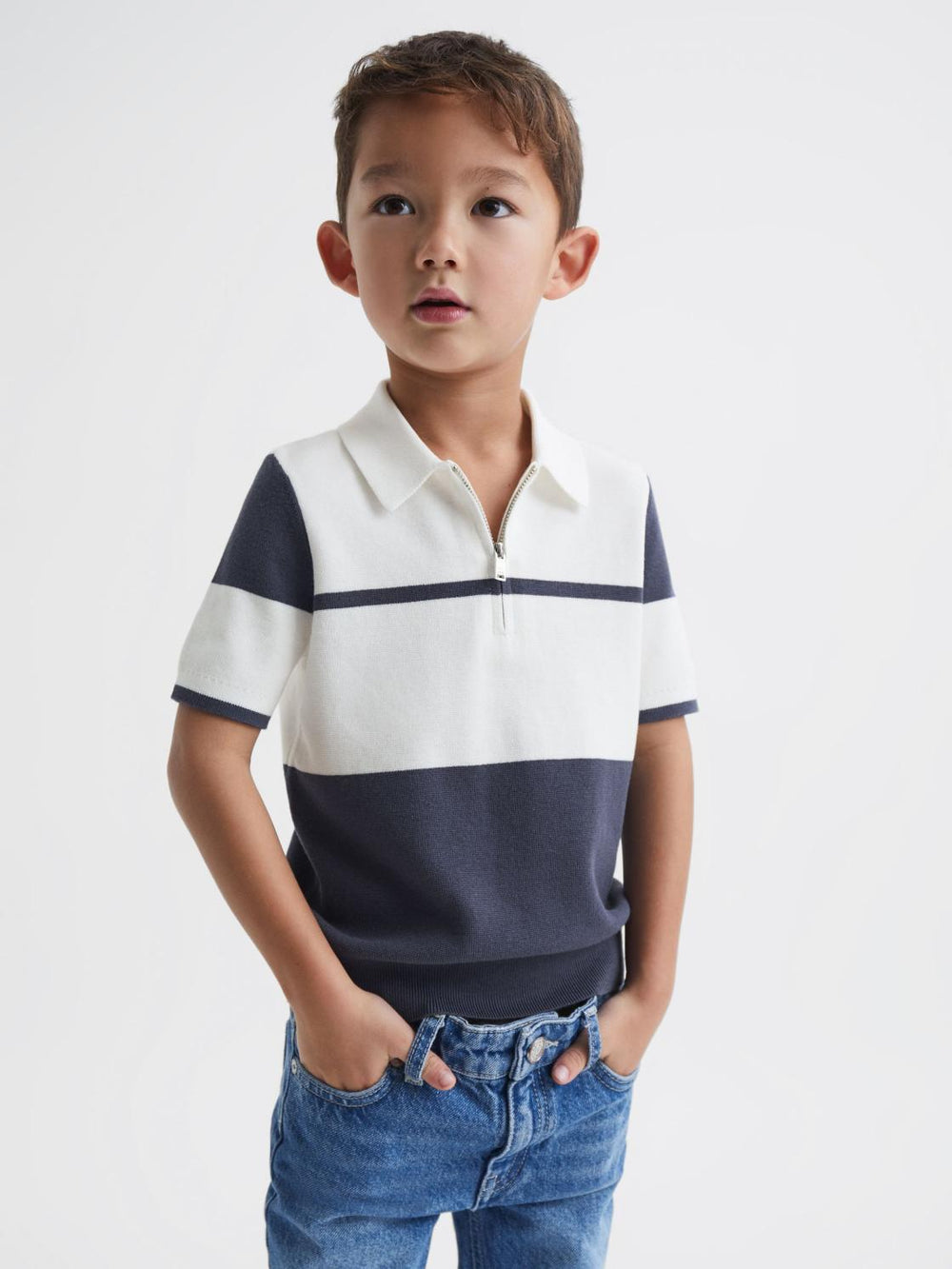 Reiss Knitwear | Rome Slim Fit Half Zip Colourblock Polo Shirt Airforce Blue - Children