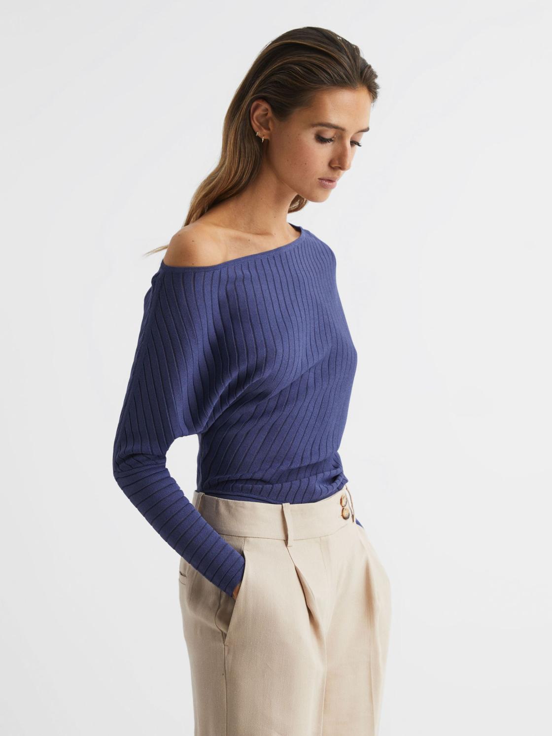 Reiss Knitwear | Sage Off-The-Shoulder Sheer Detail Jumper Navy - Women