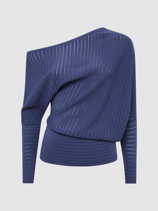 Reiss Knitwear | Sage Off-The-Shoulder Sheer Detail Jumper Navy - Women