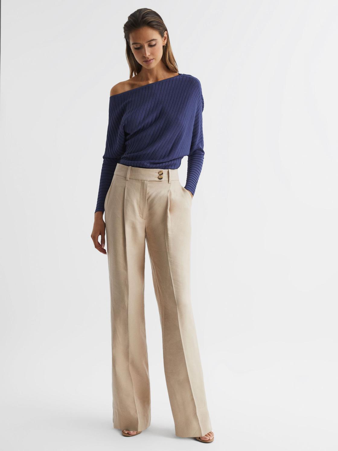 Reiss Knitwear | Sage Off-The-Shoulder Sheer Detail Jumper Navy - Women