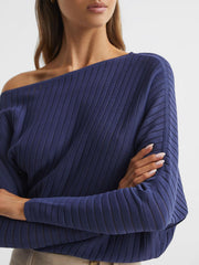 Reiss Knitwear | Sage Off-The-Shoulder Sheer Detail Jumper Navy - Women