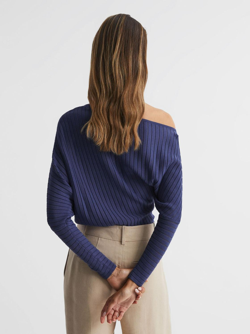 Reiss Knitwear | Sage Off-The-Shoulder Sheer Detail Jumper Navy - Women