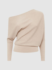 Reiss Knitwear | Sage Off-The-Shoulder Sheer Detail Jumper Neutral - Women