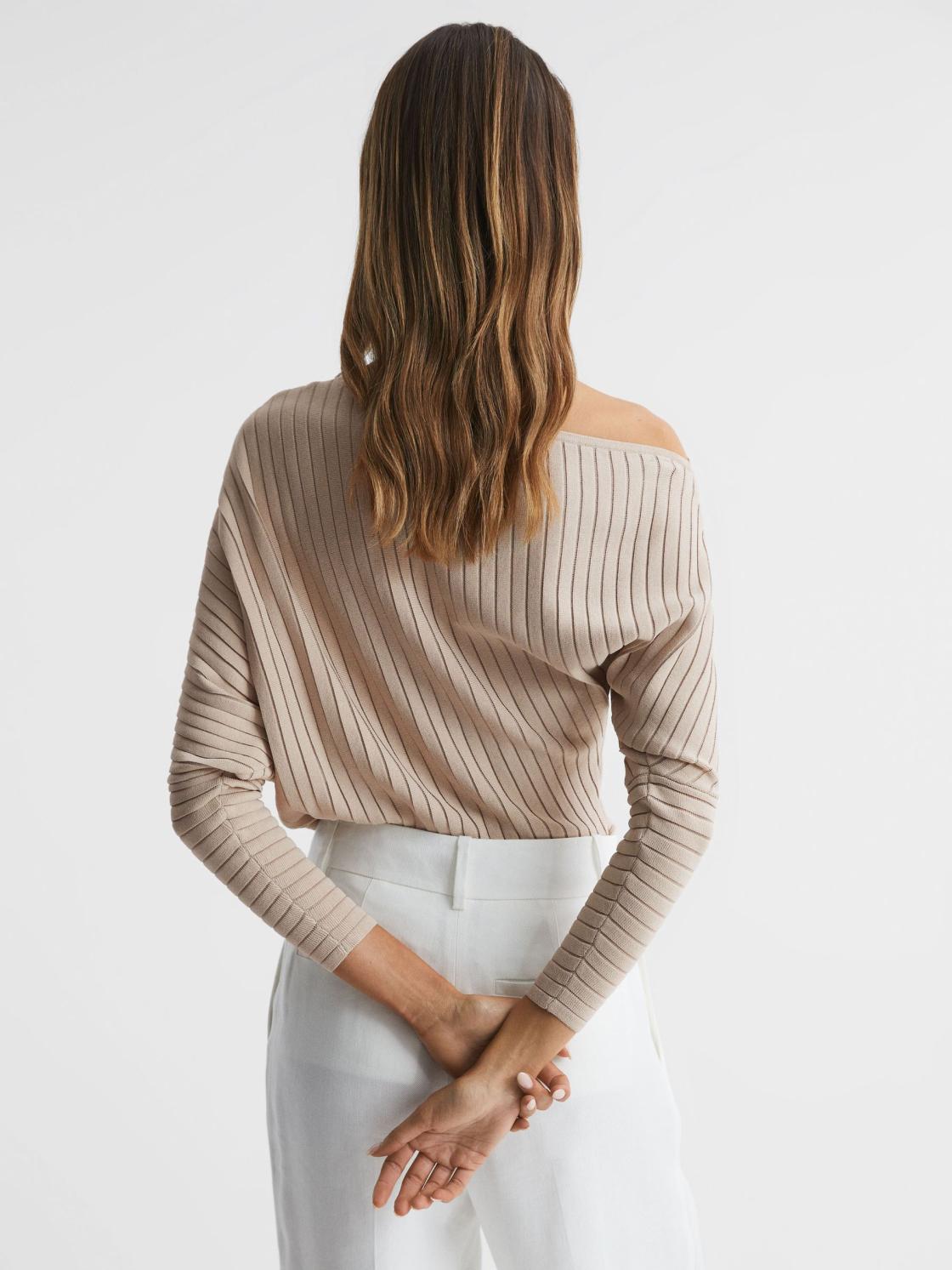 Reiss Knitwear | Sage Off-The-Shoulder Sheer Detail Jumper Neutral - Women