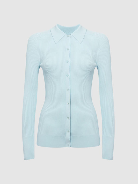 Reiss Knitwear | Sandy Ribbed Button Through Shirt Light Blue - Women