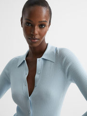 Reiss Knitwear | Sandy Ribbed Button Through Shirt Light Blue - Women