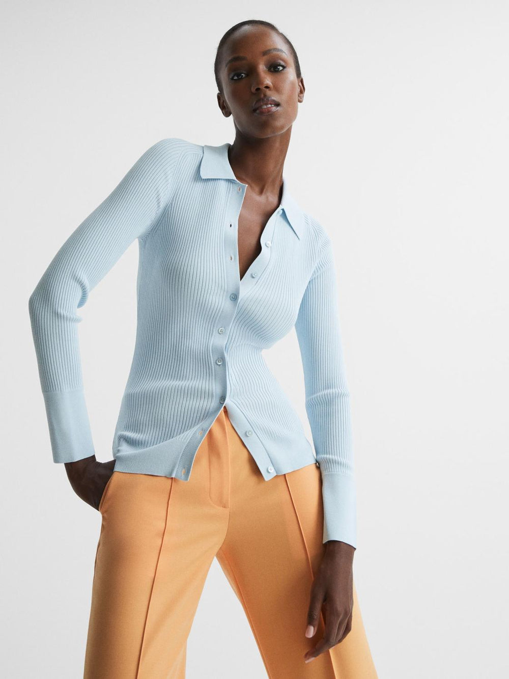 Reiss Knitwear | Sandy Ribbed Button Through Shirt Light Blue - Women