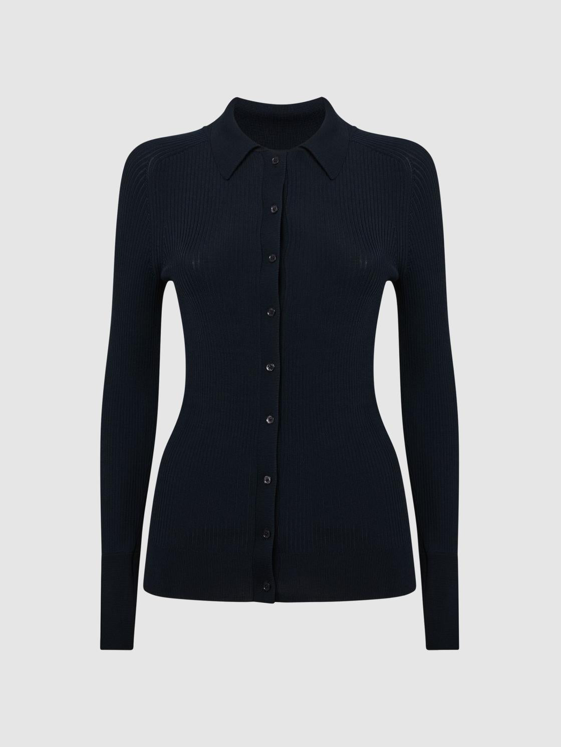 Reiss Knitwear | Sandy Ribbed Button Through Shirt Navy - Women