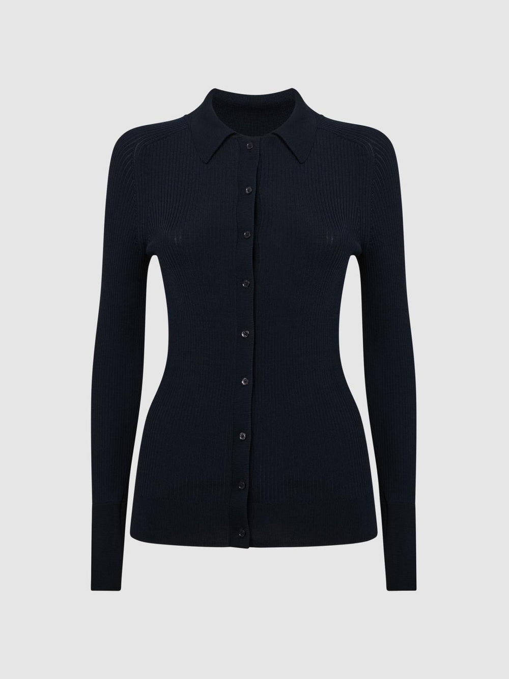 Reiss Knitwear | Sandy Ribbed Button Through Shirt Navy - Women