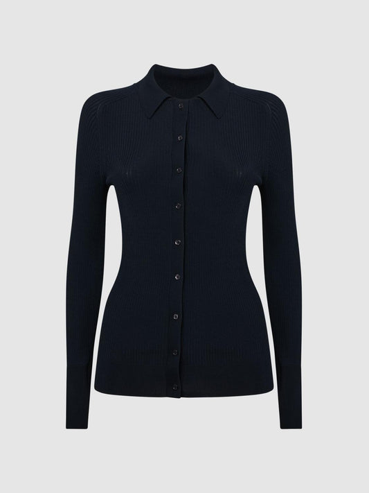Reiss Knitwear | Sandy Ribbed Button Through Shirt Navy - Women