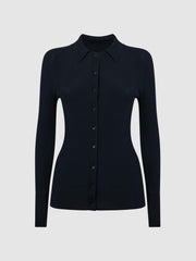 Reiss Knitwear | Sandy Ribbed Button Through Shirt Navy - Women