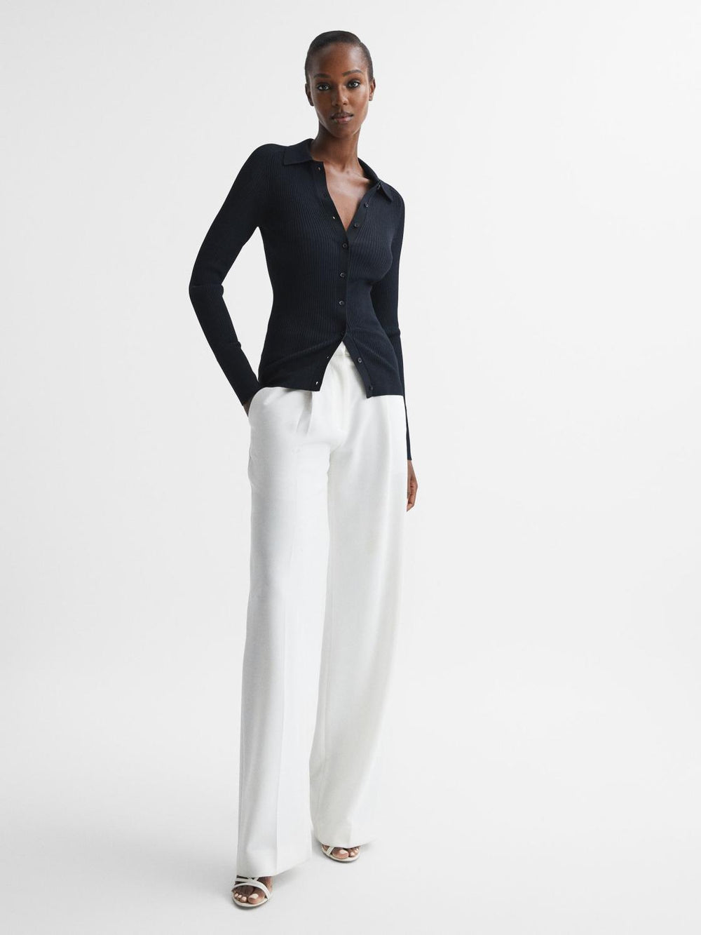 Reiss Knitwear | Sandy Ribbed Button Through Shirt Navy - Women