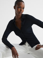 Reiss Knitwear | Sandy Ribbed Button Through Shirt Navy - Women