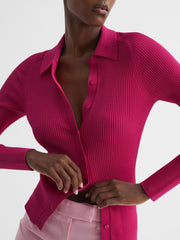 Reiss Knitwear | Sandy Ribbed Button Through Shirt Pink - Women