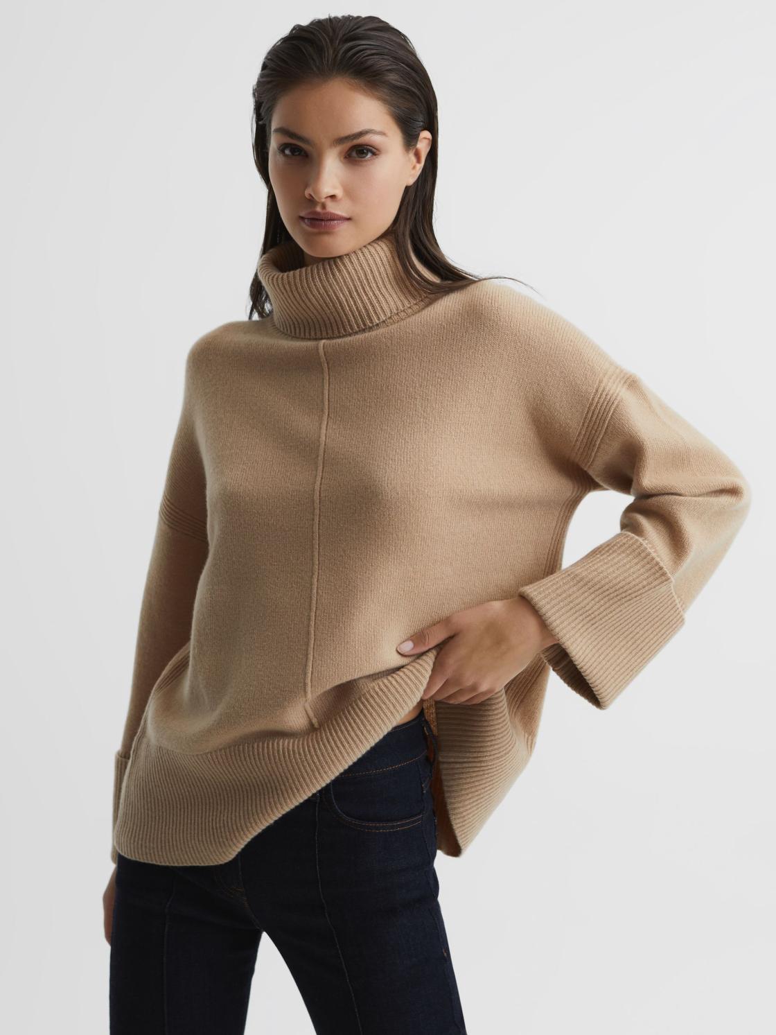 Reiss Knitwear | Sarah Cashmere Blend Roll Neck Jumper Camel - Women