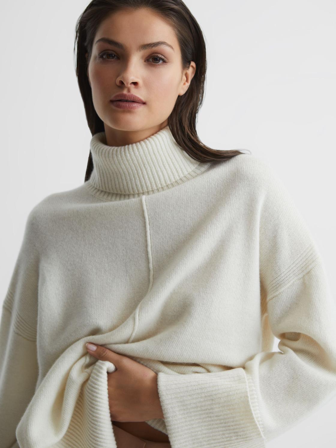 Reiss Knitwear | Sarah Cashmere Blend Roll Neck Jumper Cream - Women