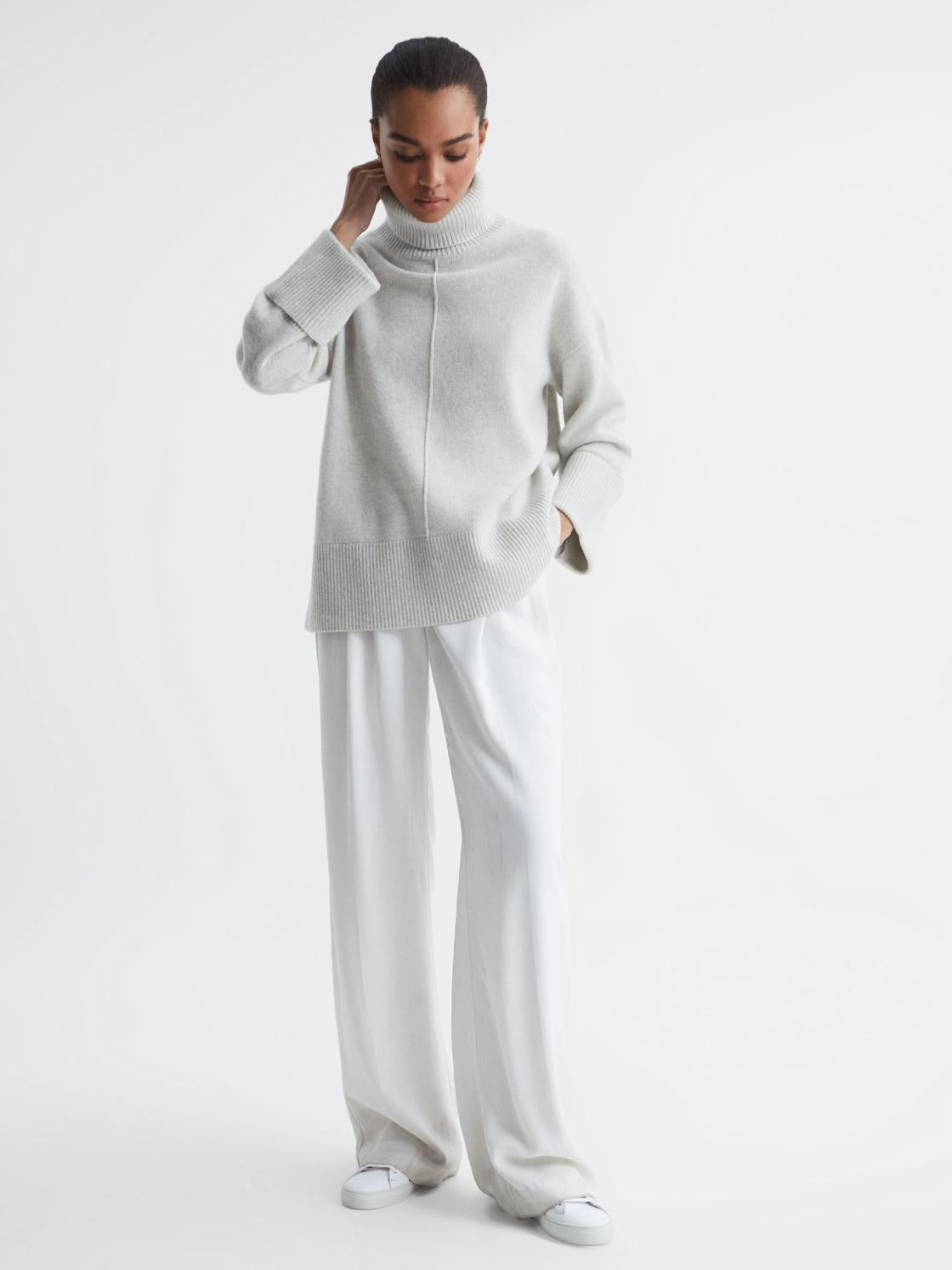 Reiss Knitwear | Sarah Cashmere Blend Roll Neck Jumper Grey Marl - Women