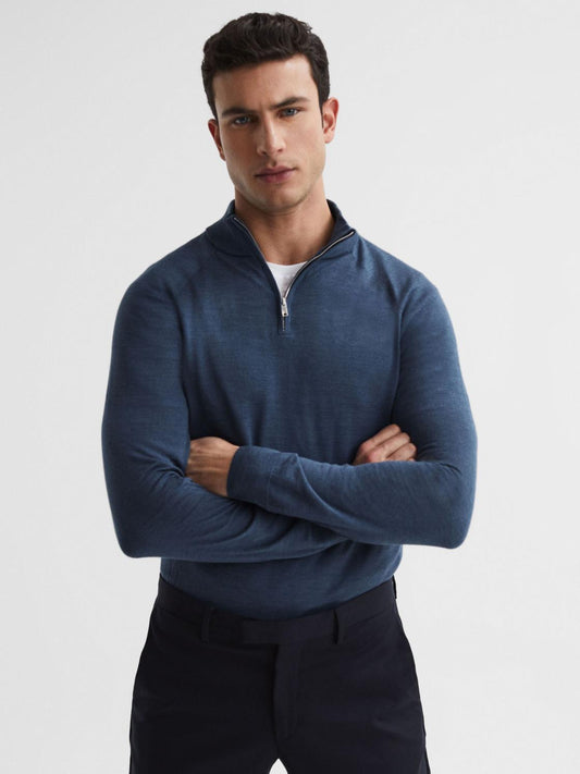 Reiss Knitwear | Sierra Merino Silk Slim Fit Zip Neck Jumper Airforce Blue - Men