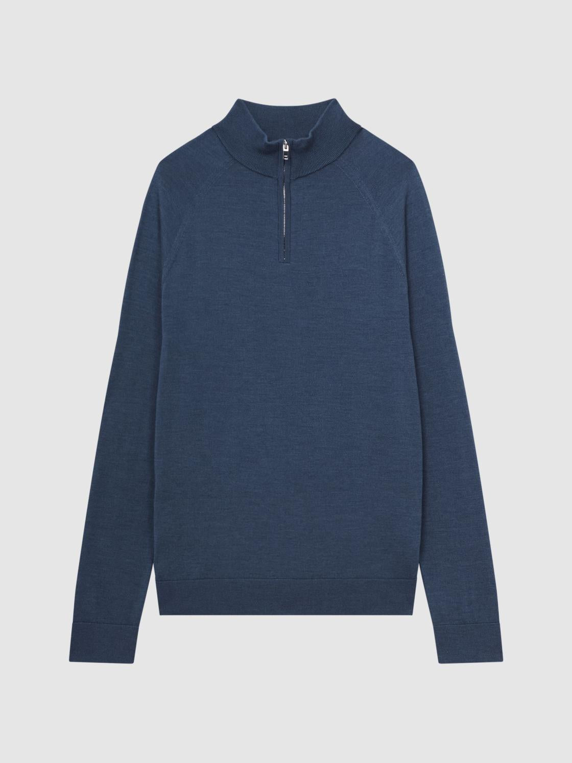 Reiss Knitwear | Sierra Merino Silk Slim Fit Zip Neck Jumper Airforce Blue - Men