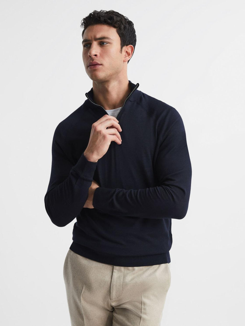 Reiss Knitwear | Sierra Merino Silk Slim Fit Zip Neck Jumper Airforce Blue - Men