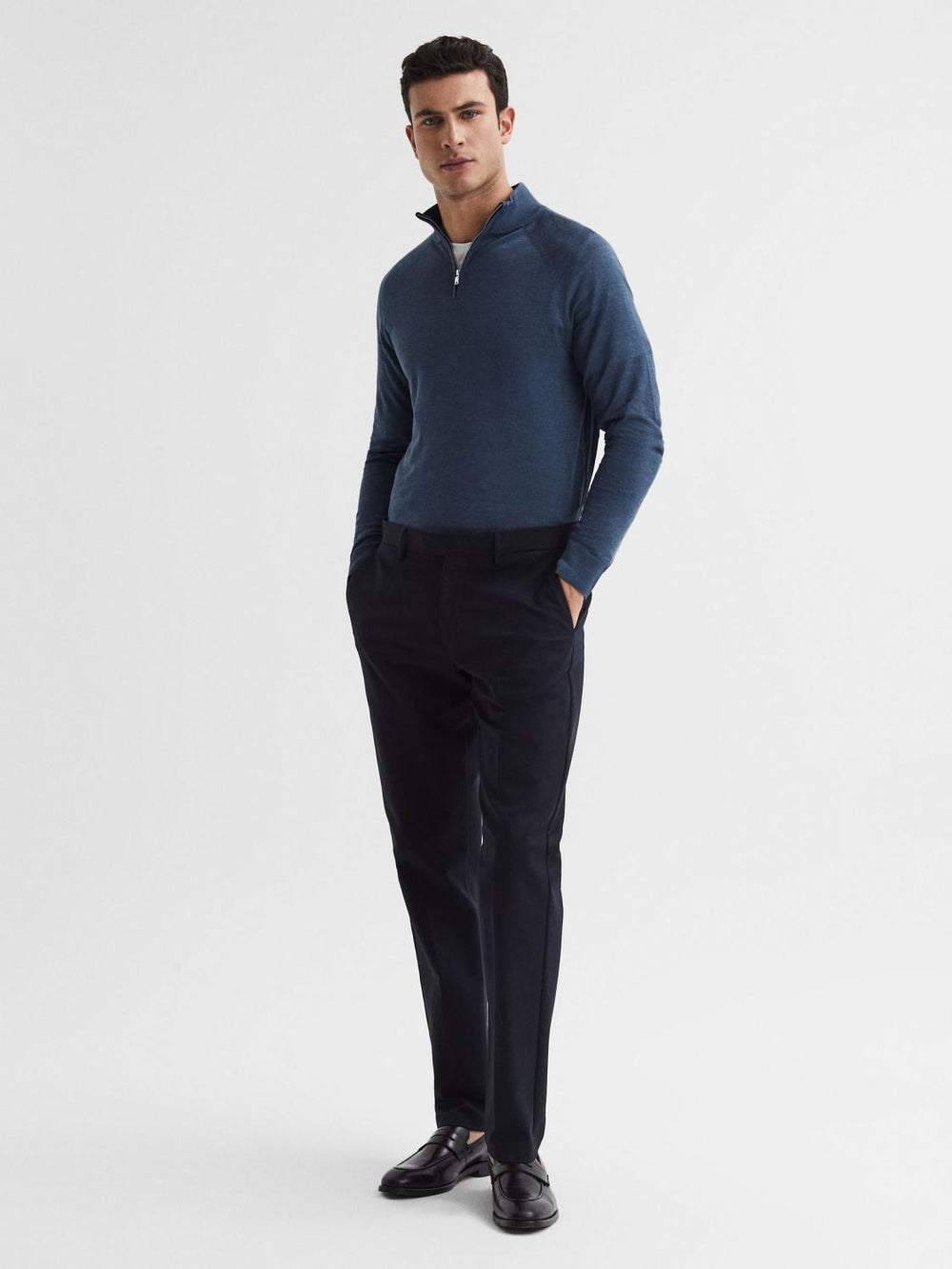 Reiss Knitwear | Sierra Merino Silk Slim Fit Zip Neck Jumper Airforce Blue - Men