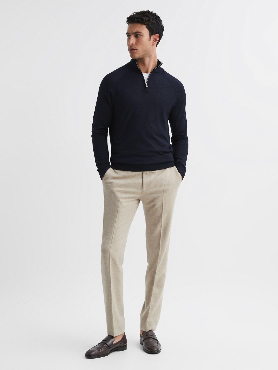 Reiss Knitwear | Sierra Merino Silk Slim Fit Zip Neck Jumper Airforce Blue - Men