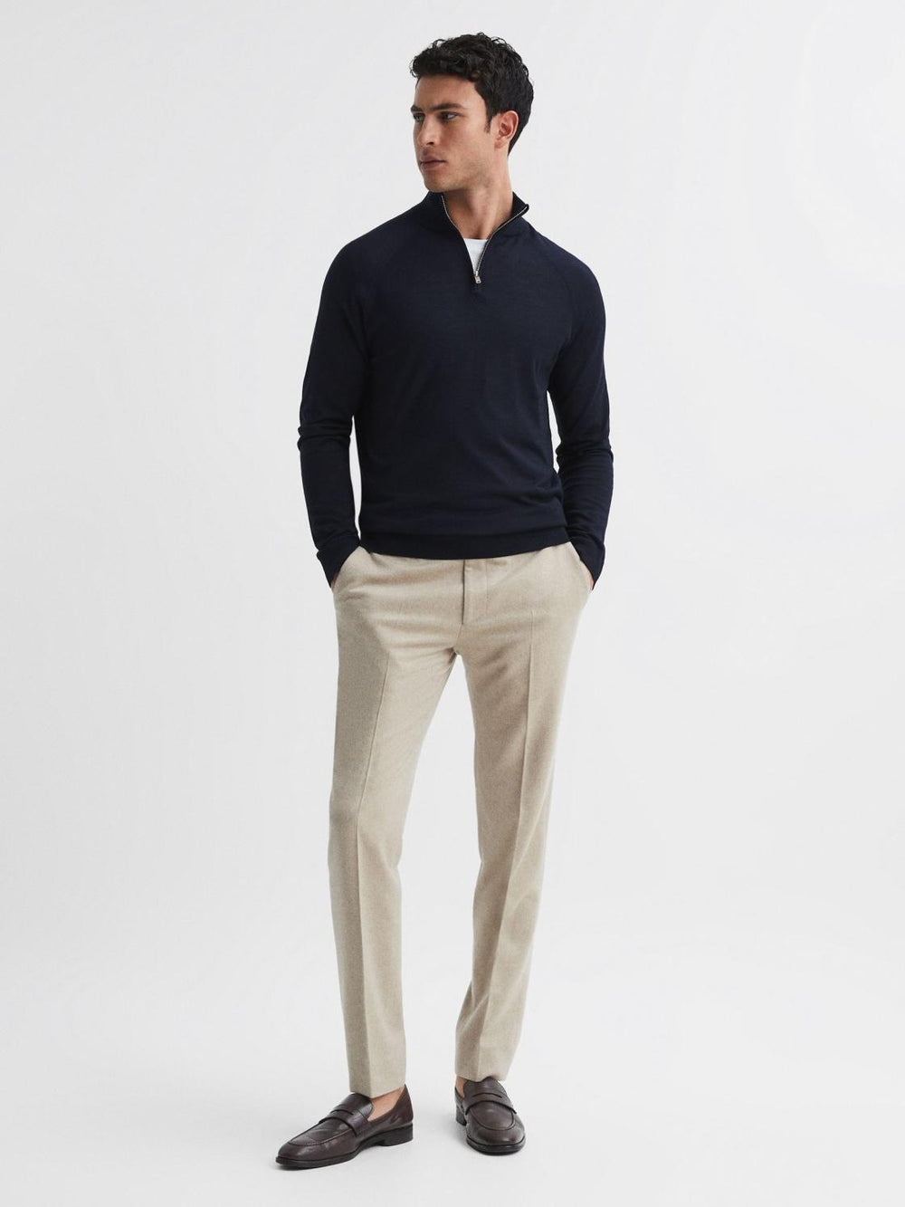 Reiss Knitwear | Sierra Merino Silk Slim Fit Zip Neck Jumper Airforce Blue - Men