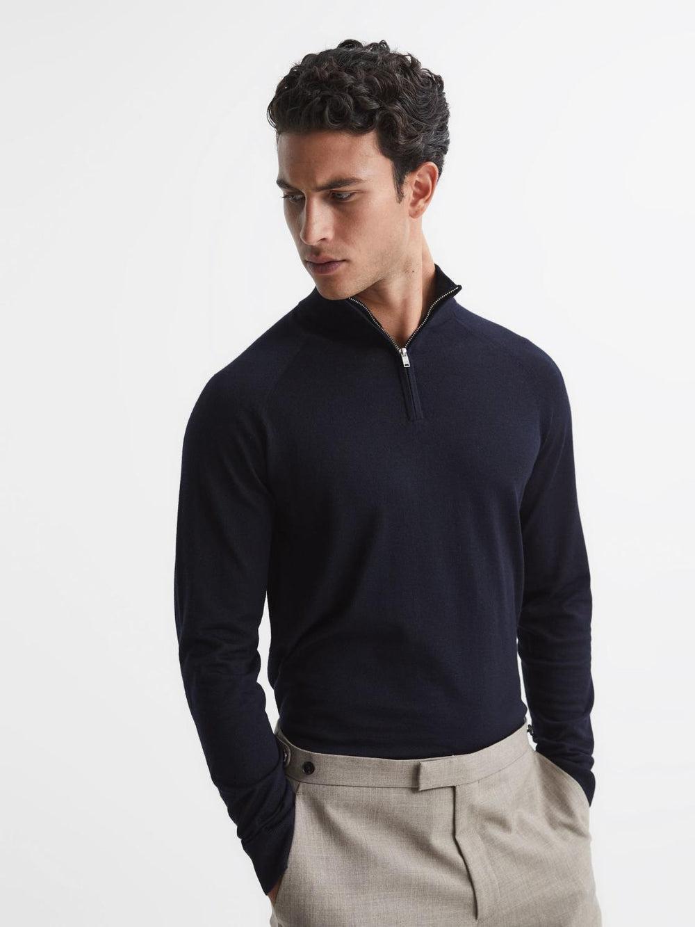 Reiss Knitwear | Sierra Merino Silk Slim Fit Zip Neck Jumper Airforce Blue - Men