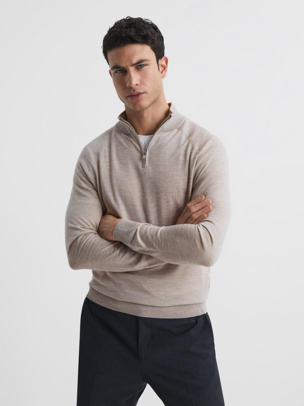 Reiss Knitwear | Sierra Merino Silk Slim Fit Zip Neck Jumper Oatmeal - Men