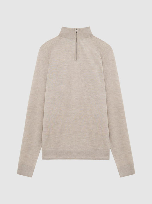 Reiss Knitwear | Sierra Merino Silk Slim Fit Zip Neck Jumper Oatmeal - Men