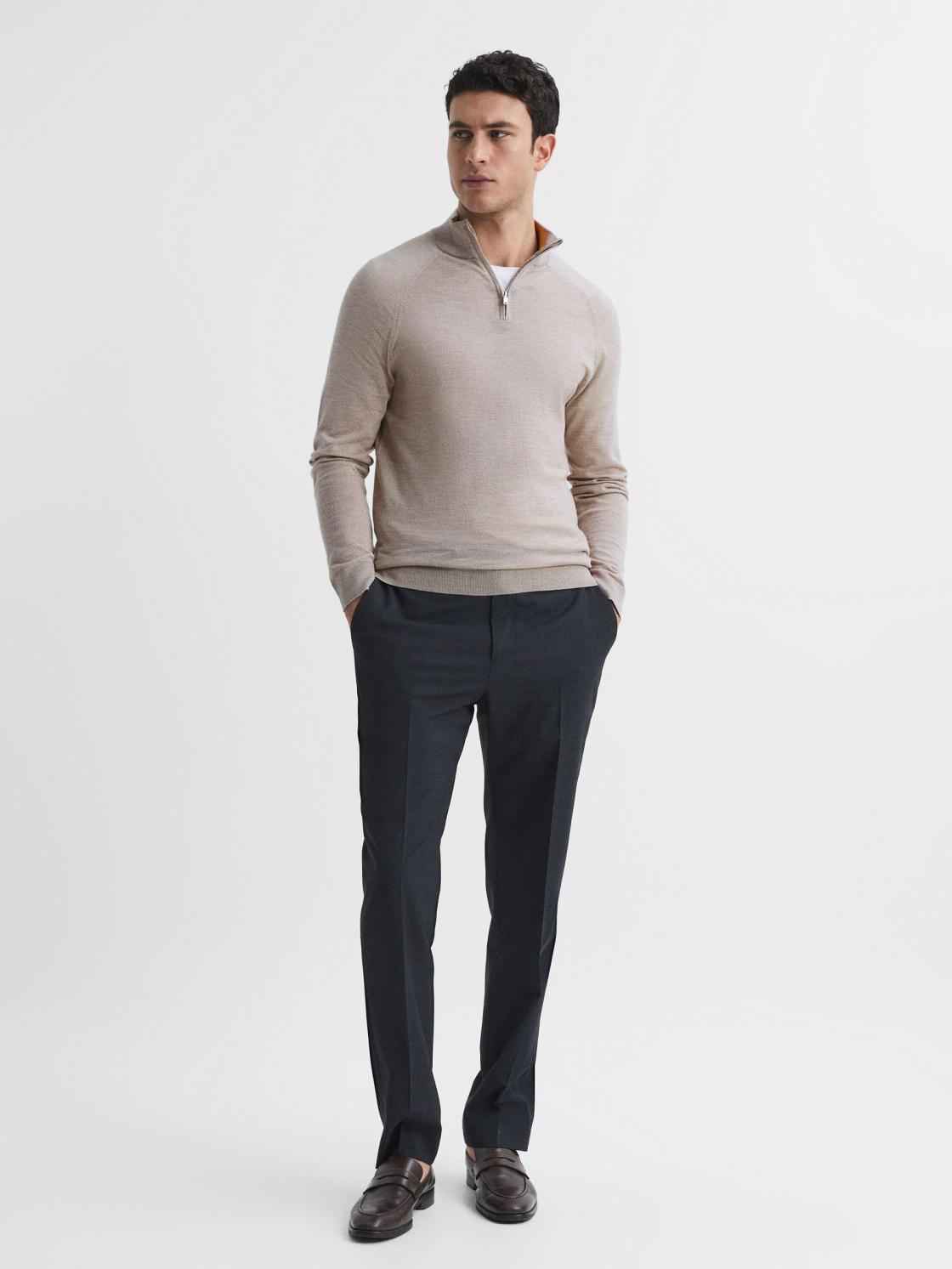 Reiss Knitwear | Sierra Merino Silk Slim Fit Zip Neck Jumper Oatmeal - Men