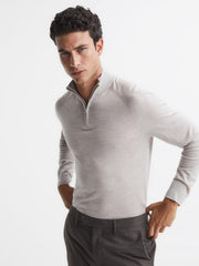 Reiss Knitwear | Sierra Merino Silk Slim Fit Zip Neck Jumper Oatmeal - Men