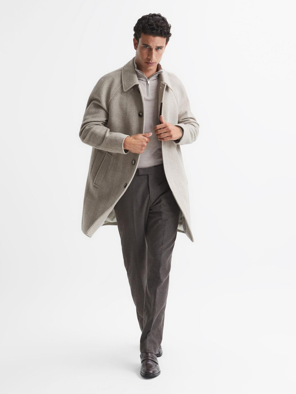 Reiss Knitwear | Sierra Merino Silk Slim Fit Zip Neck Jumper Oatmeal - Men