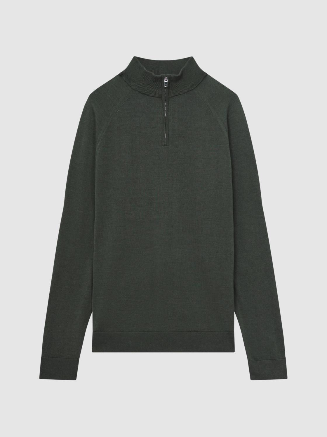 Reiss Knitwear | Sierra Merino Silk Slim Fit Zip Neck Jumper Sage - Men
