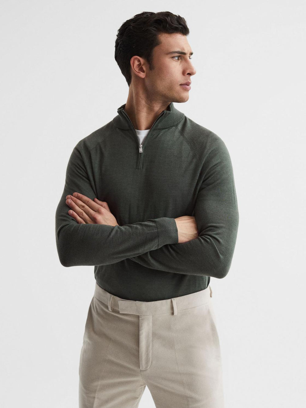 Reiss Knitwear | Sierra Merino Silk Slim Fit Zip Neck Jumper Sage - Men