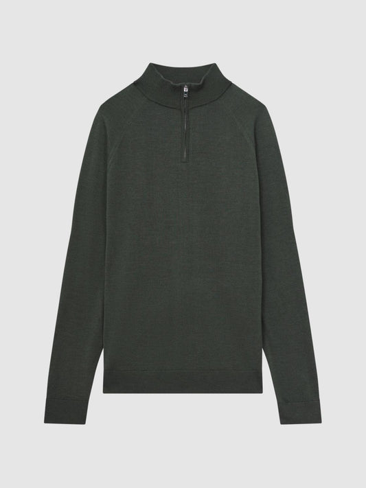 Reiss Knitwear | Sierra Merino Silk Slim Fit Zip Neck Jumper Sage - Men